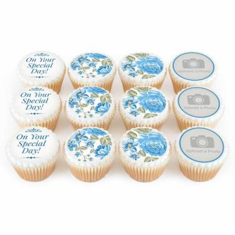 12 Blue Floral Photo Cupcakes