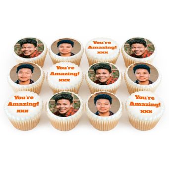 2 Photos and 1 Text on 4 Cupcakes Each