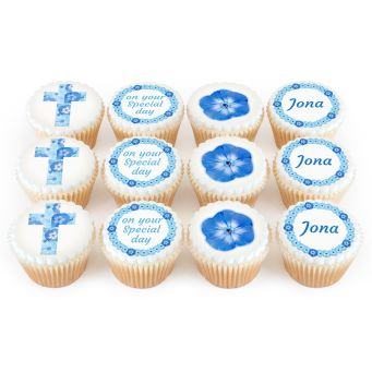 12 Blue Flower Cross Cupcakes