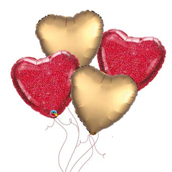 2 gold, 2 red hearts, 4+0 jumbo red balloon, gold love confetti, 4 0 candle