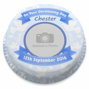 Blue Doves Photo Christening Cake