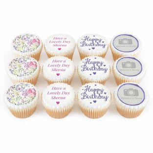 12 Purple Flower Birthday Photo Cupcakes